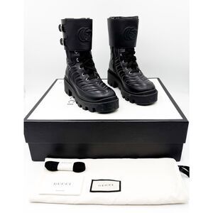 Gucci Frances GG Lug Combat Boots EU 37 US 7 Black Matelasse Quilted Leather